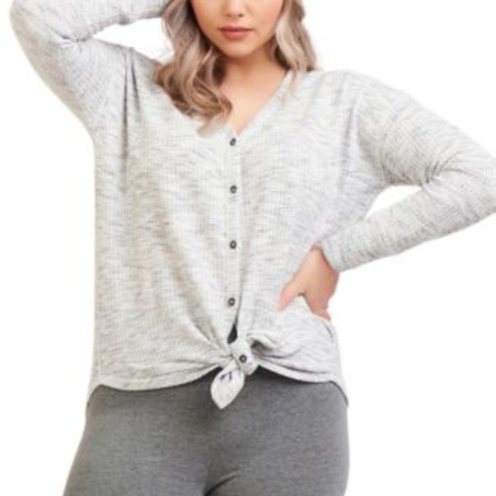 SIZE:3X BLACK TAPE GRAY&WHITE WAFFLE KNIT LNG SLV TIE FRONT SWEATER